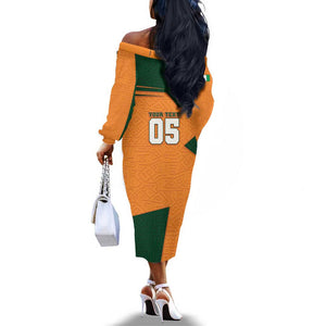 Custom Ivory Coast Football Off The Shoulder Long Sleeve Dress Elephant Geometric African Art Style