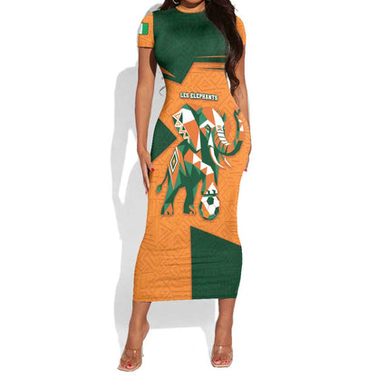 Custom Ivory Coast Football Short Sleeve Bodycon Dress Elephant Geometric African Art Style
