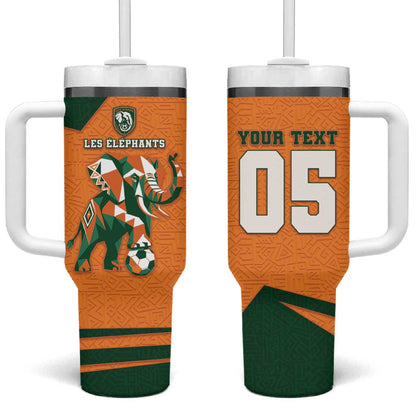 Custom Ivory Coast Football Tumbler With Handle Elephant Geometric African Art Style
