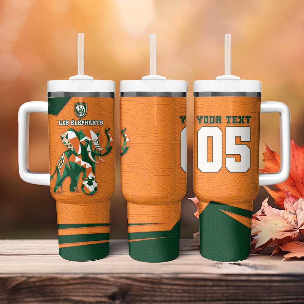 Custom Ivory Coast Football Tumbler With Handle Elephant Geometric African Art Style