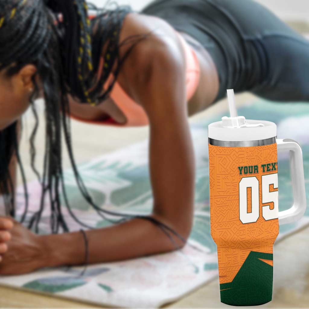 Custom Ivory Coast Football Tumbler With Handle Elephant Geometric African Art Style