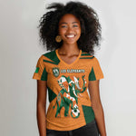 Custom Ivory Coast Football Women V-Neck T-Shirt Elephant Geometric African Art Style