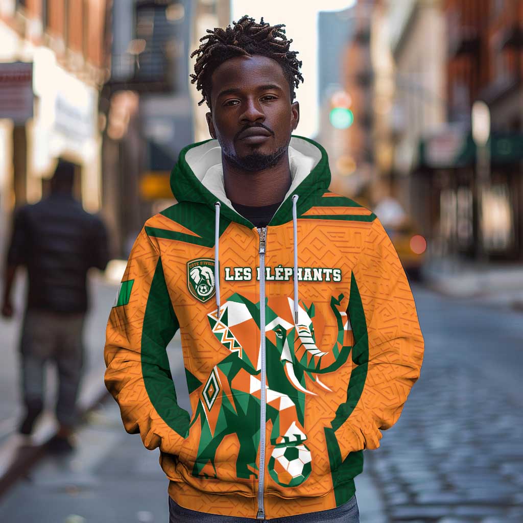Custom Ivory Coast Football Zip Hoodie Elephant Geometric African Art Style