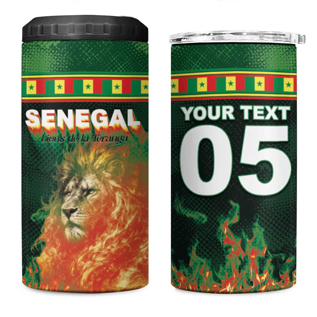 Custom Senegal Football 4 in 1 Can Cooler Tumbler Fiery Lion Halftone Mix Gradient Map Style