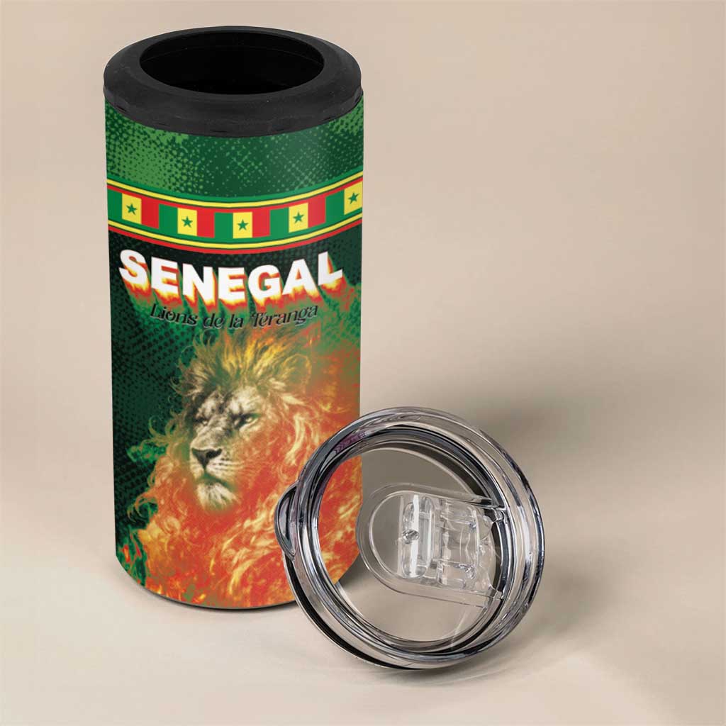 Custom Senegal Football 4 in 1 Can Cooler Tumbler Fiery Lion Halftone Mix Gradient Map Style