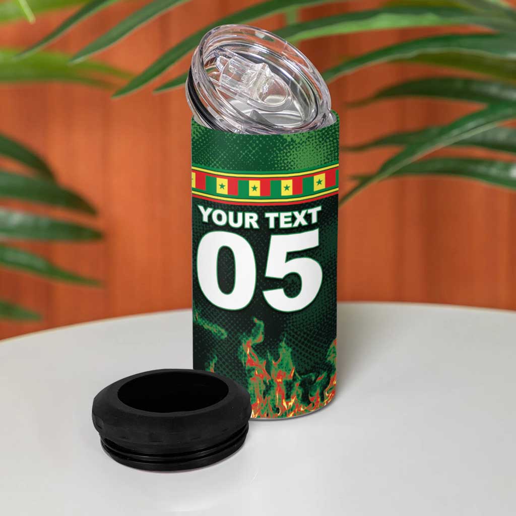 Custom Senegal Football 4 in 1 Can Cooler Tumbler Fiery Lion Halftone Mix Gradient Map Style