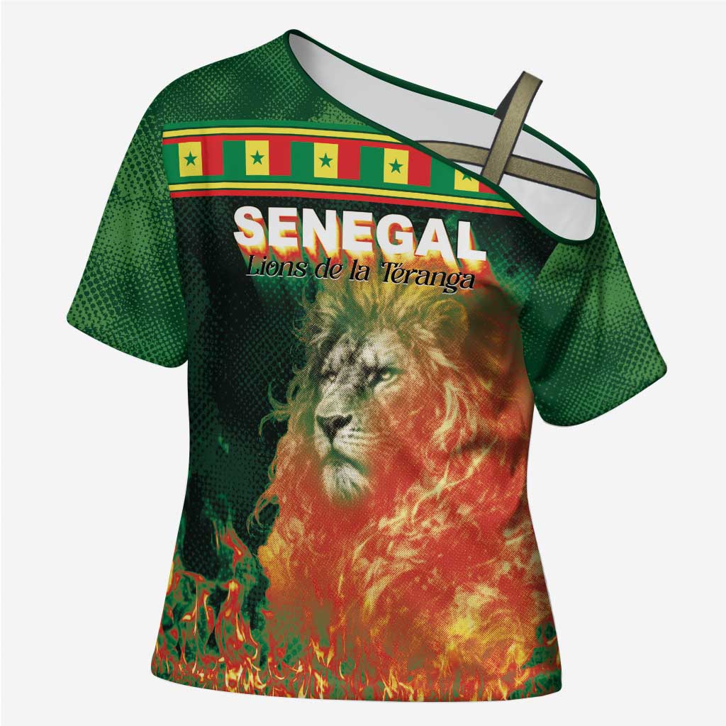 Custom Senegal Football Cross Shoulder Shirt Fiery Lion Halftone Mix Gradient Map Style