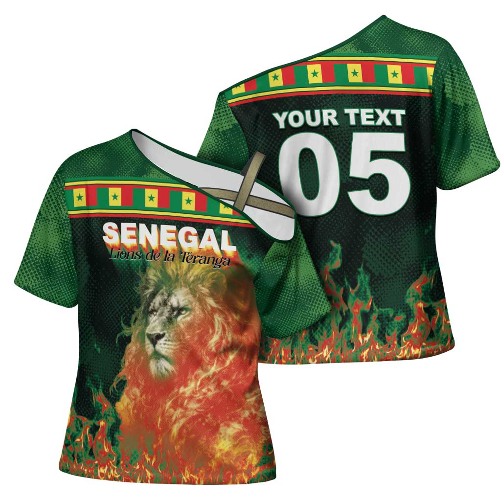 Custom Senegal Football Cross Shoulder Shirt Fiery Lion Halftone Mix Gradient Map Style