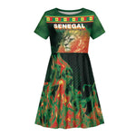 Custom Senegal Football Kid Short Sleeve Dress Fiery Lion Halftone Mix Gradient Map Style