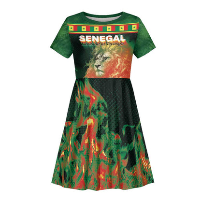 Custom Senegal Football Kid Short Sleeve Dress Fiery Lion Halftone Mix Gradient Map Style