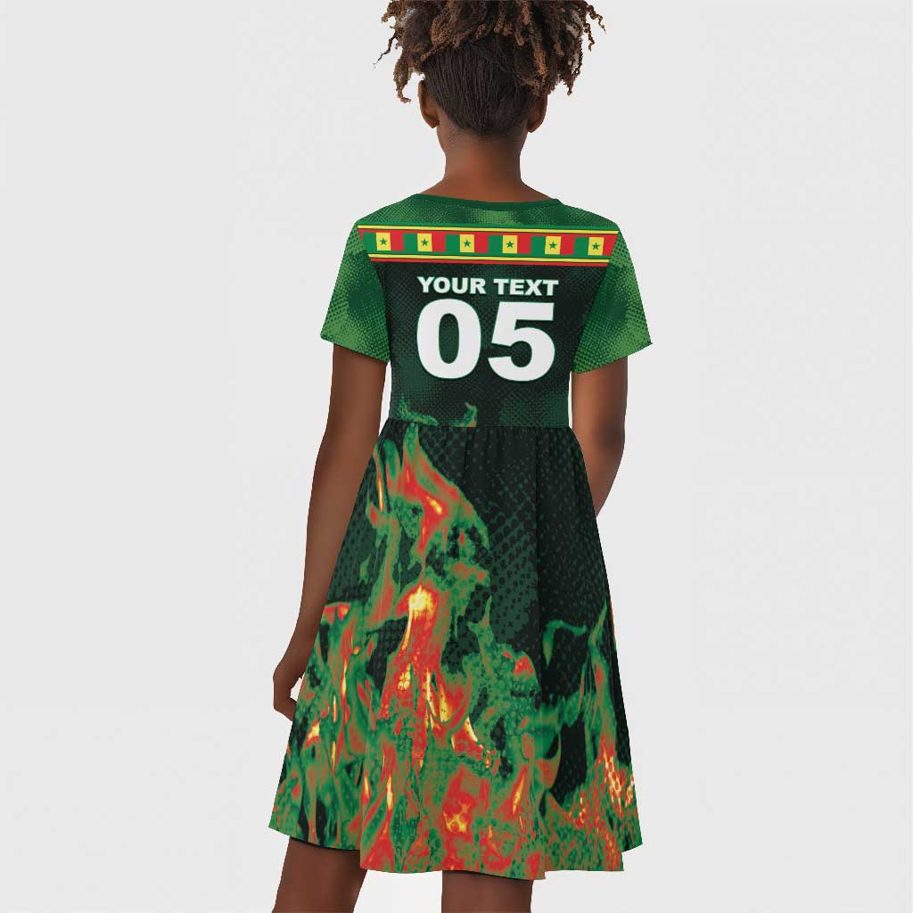 Custom Senegal Football Kid Short Sleeve Dress Fiery Lion Halftone Mix Gradient Map Style