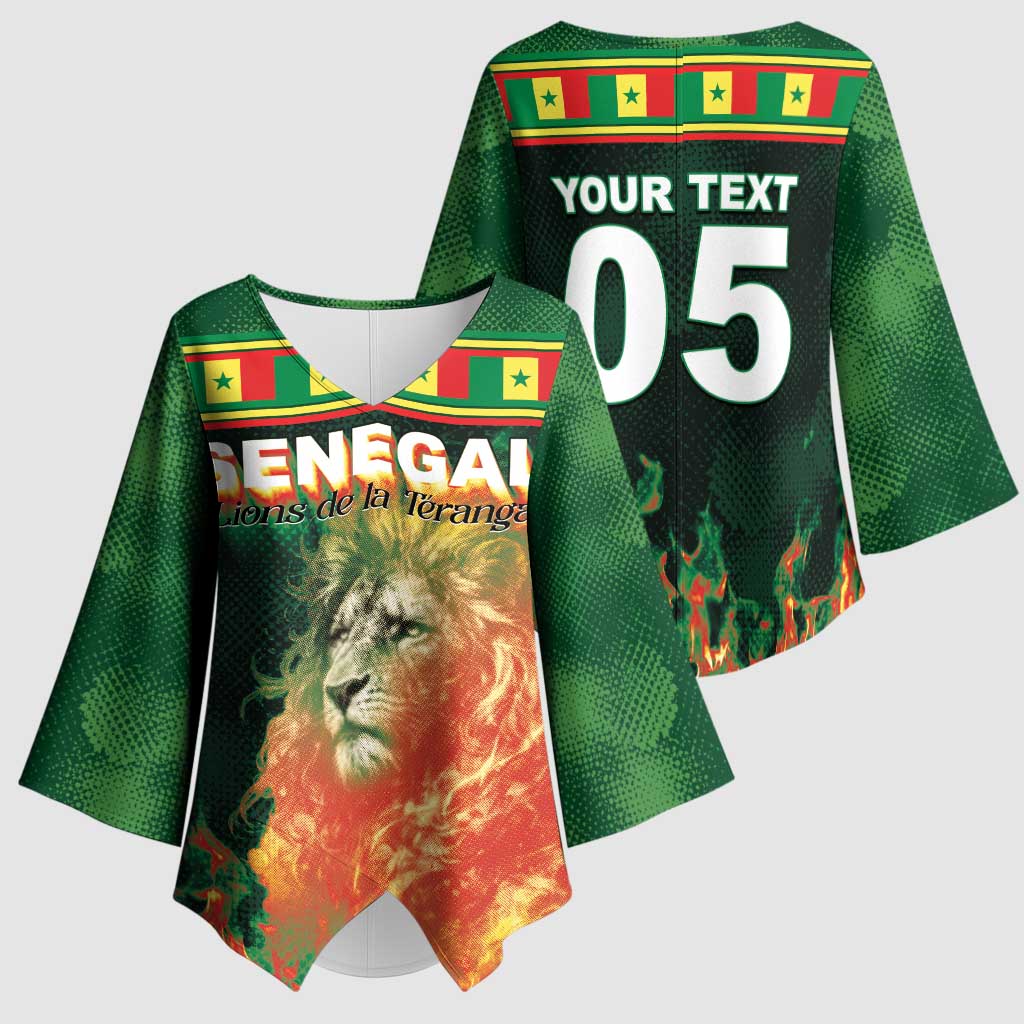 Custom Senegal Football Kimono Sleeve Blouse Fiery Lion Halftone Mix Gradient Map Style