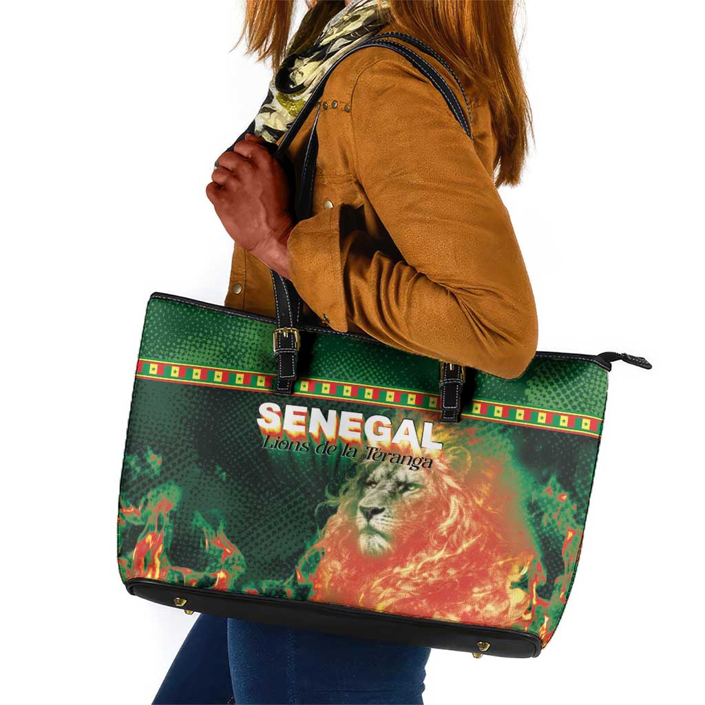 Senegal Football Leather Tote Bag Fiery Lion Halftone Mix Gradient Map Style