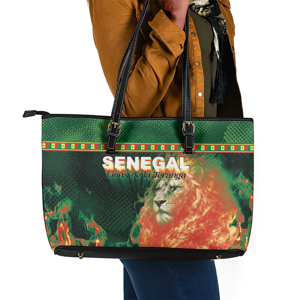 Senegal Football Leather Tote Bag Fiery Lion Halftone Mix Gradient Map Style