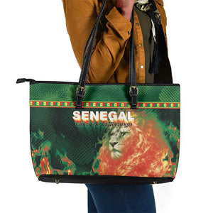 Senegal Football Leather Tote Bag Fiery Lion Halftone Mix Gradient Map Style