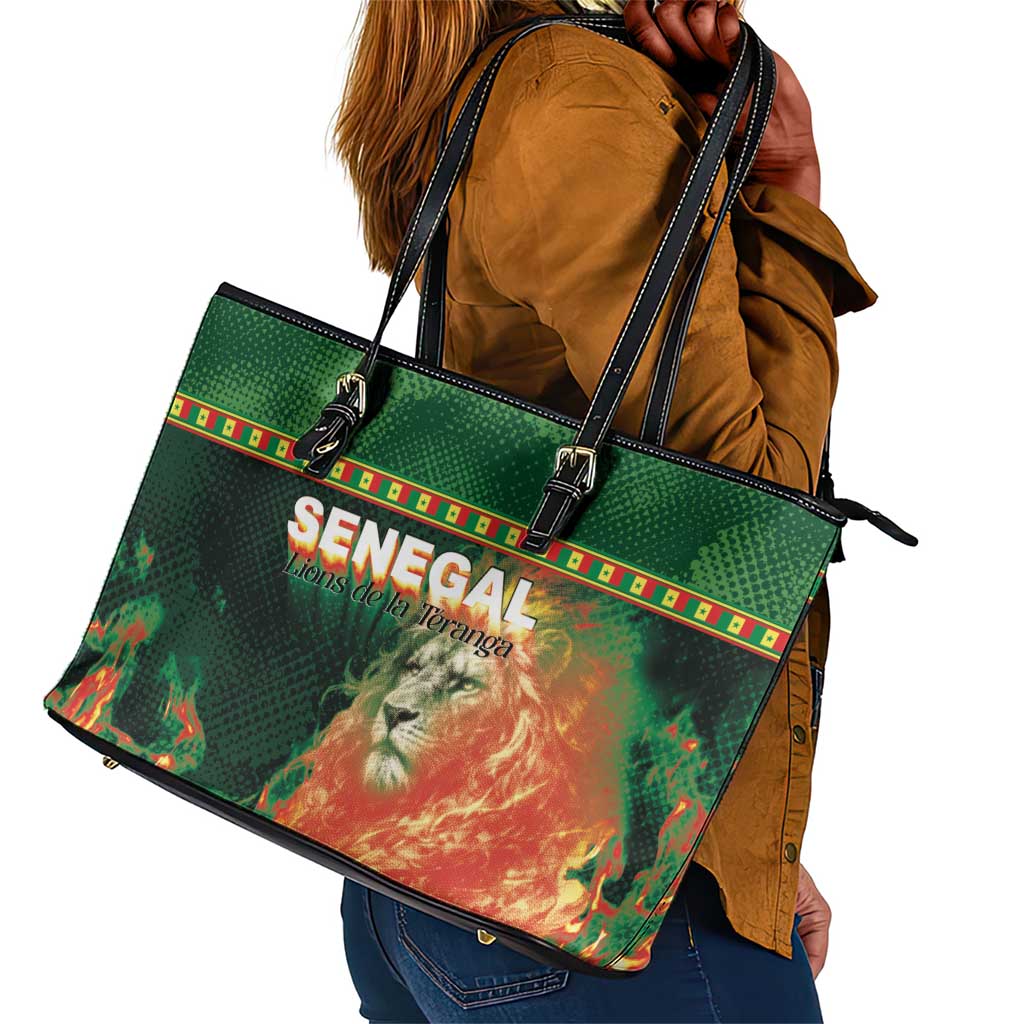 Senegal Football Leather Tote Bag Fiery Lion Halftone Mix Gradient Map Style
