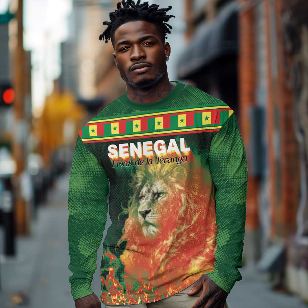 Custom Senegal Football Long Sleeve Shirt Fiery Lion Halftone Mix Gradient Map Style