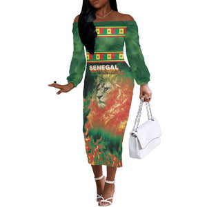 Custom Senegal Football Off The Shoulder Long Sleeve Dress Fiery Lion Halftone Mix Gradient Map Style