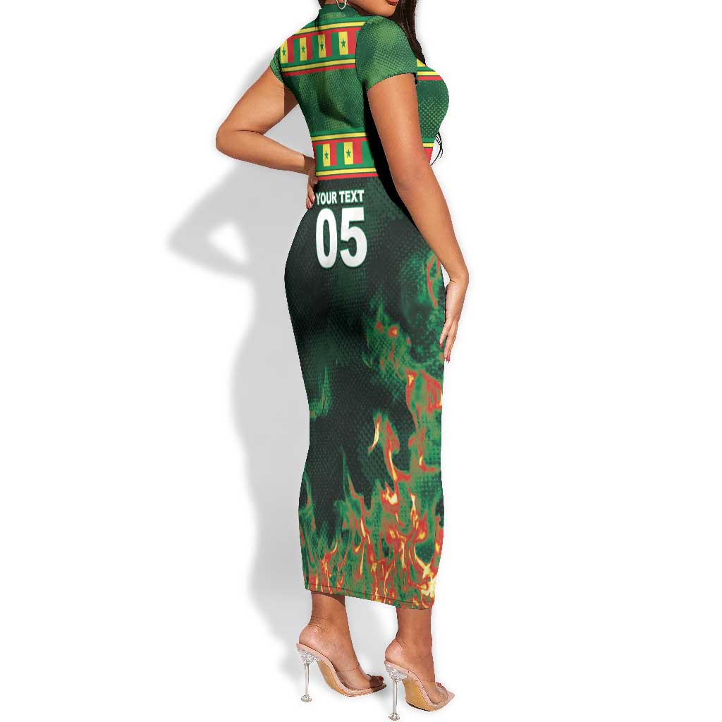 Custom Senegal Football Short Sleeve Bodycon Dress Fiery Lion Halftone Mix Gradient Map Style