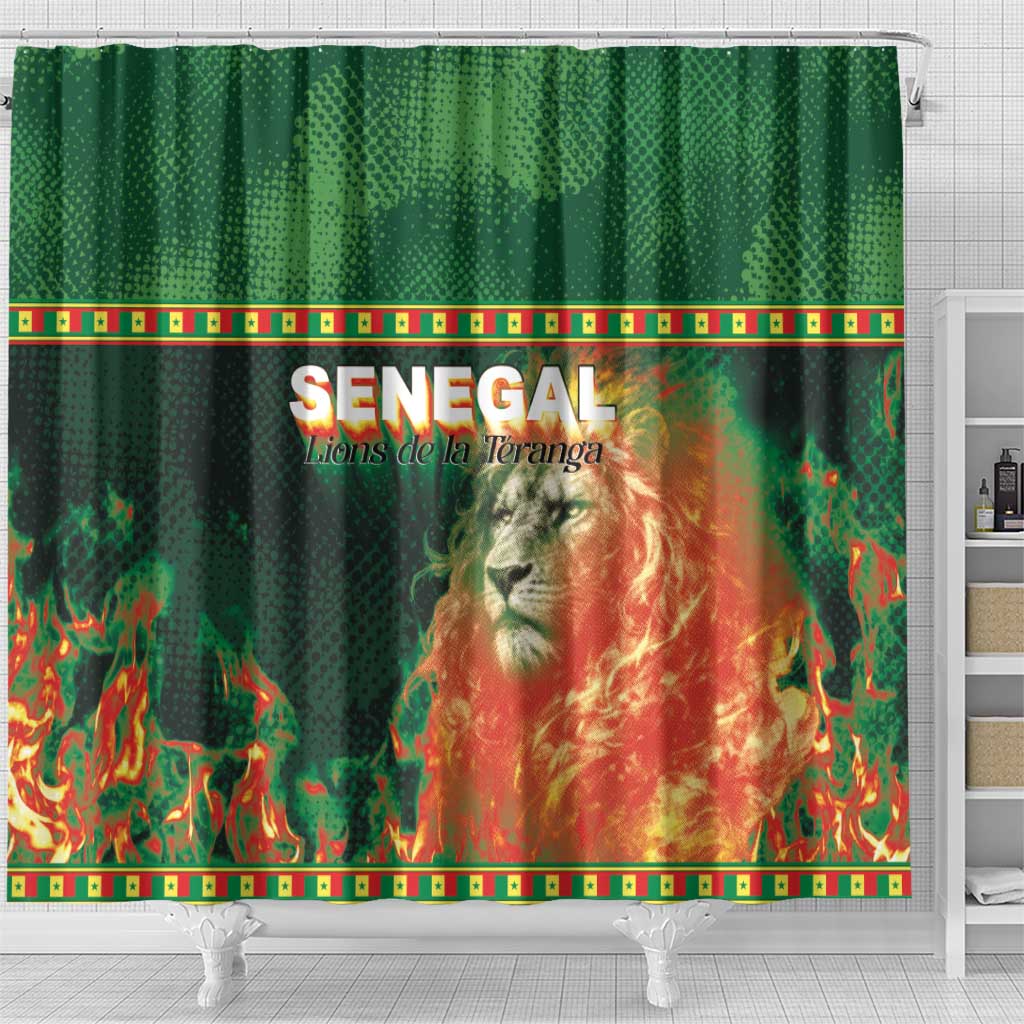 Senegal Football Shower Curtain Fiery Lion Halftone Mix Gradient Map Style