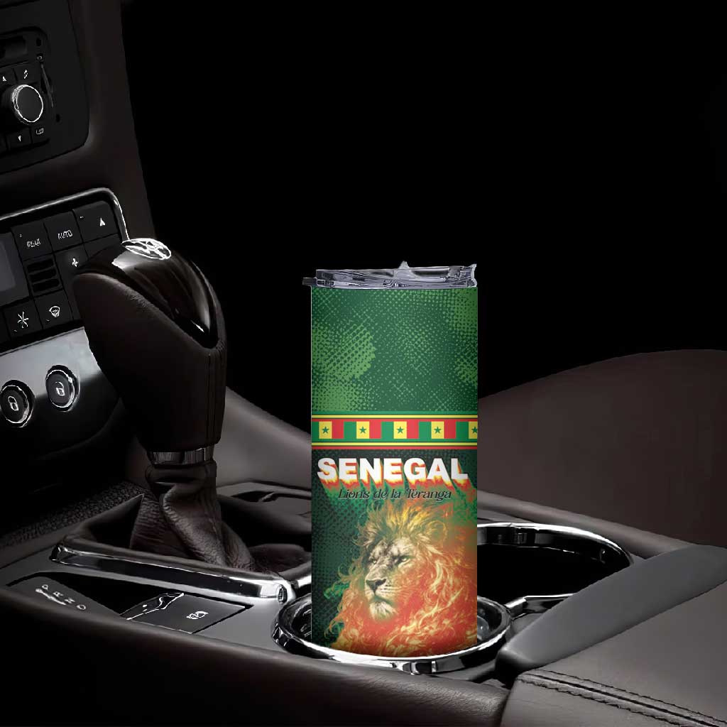 Custom Senegal Football Skinny Tumbler Fiery Lion Halftone Mix Gradient Map Style