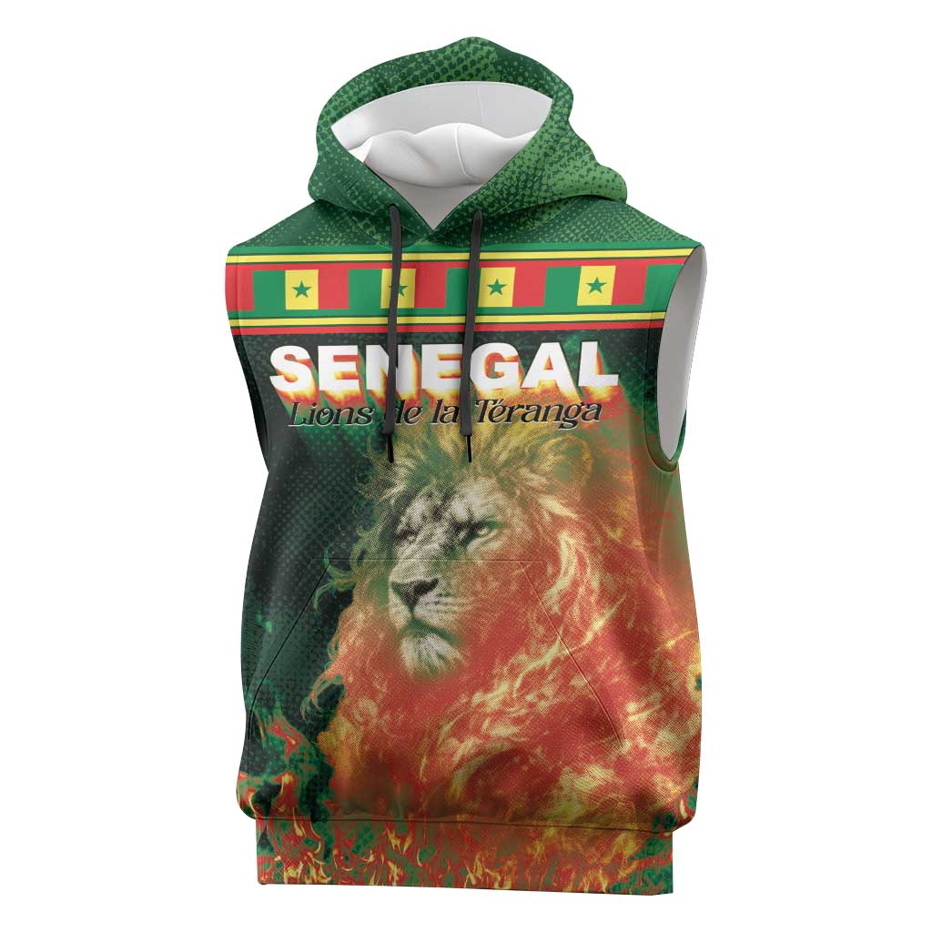 Custom Senegal Football Sleeveless Hoodie Fiery Lion Halftone Mix Gradient Map Style