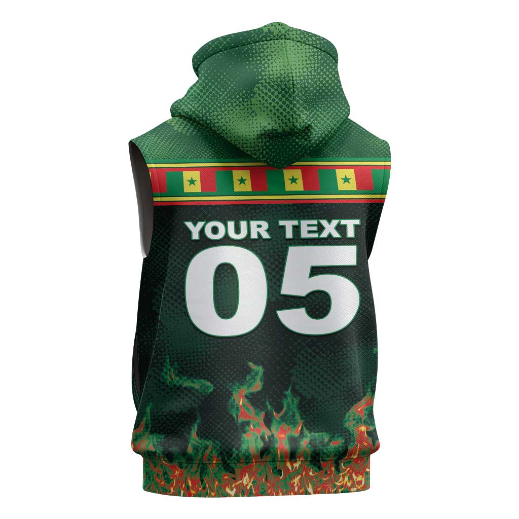 Custom Senegal Football Sleeveless Zip Hoodie Fiery Lion Halftone Mix Gradient Map Style