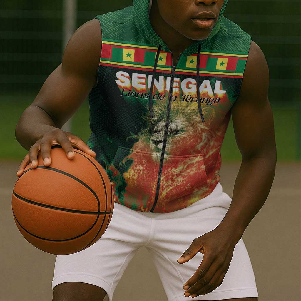 Custom Senegal Football Sleeveless Zip Hoodie Fiery Lion Halftone Mix Gradient Map Style