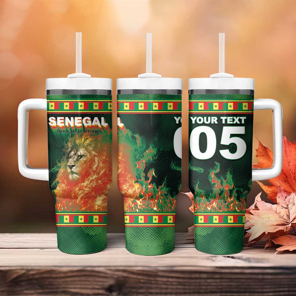 Custom Senegal Football Tumbler With Handle Fiery Lion Halftone Mix Gradient Map Style