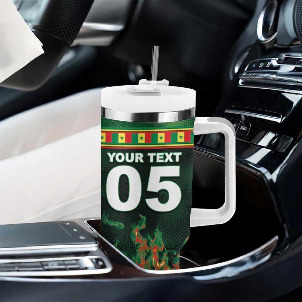 Custom Senegal Football Tumbler With Handle Fiery Lion Halftone Mix Gradient Map Style