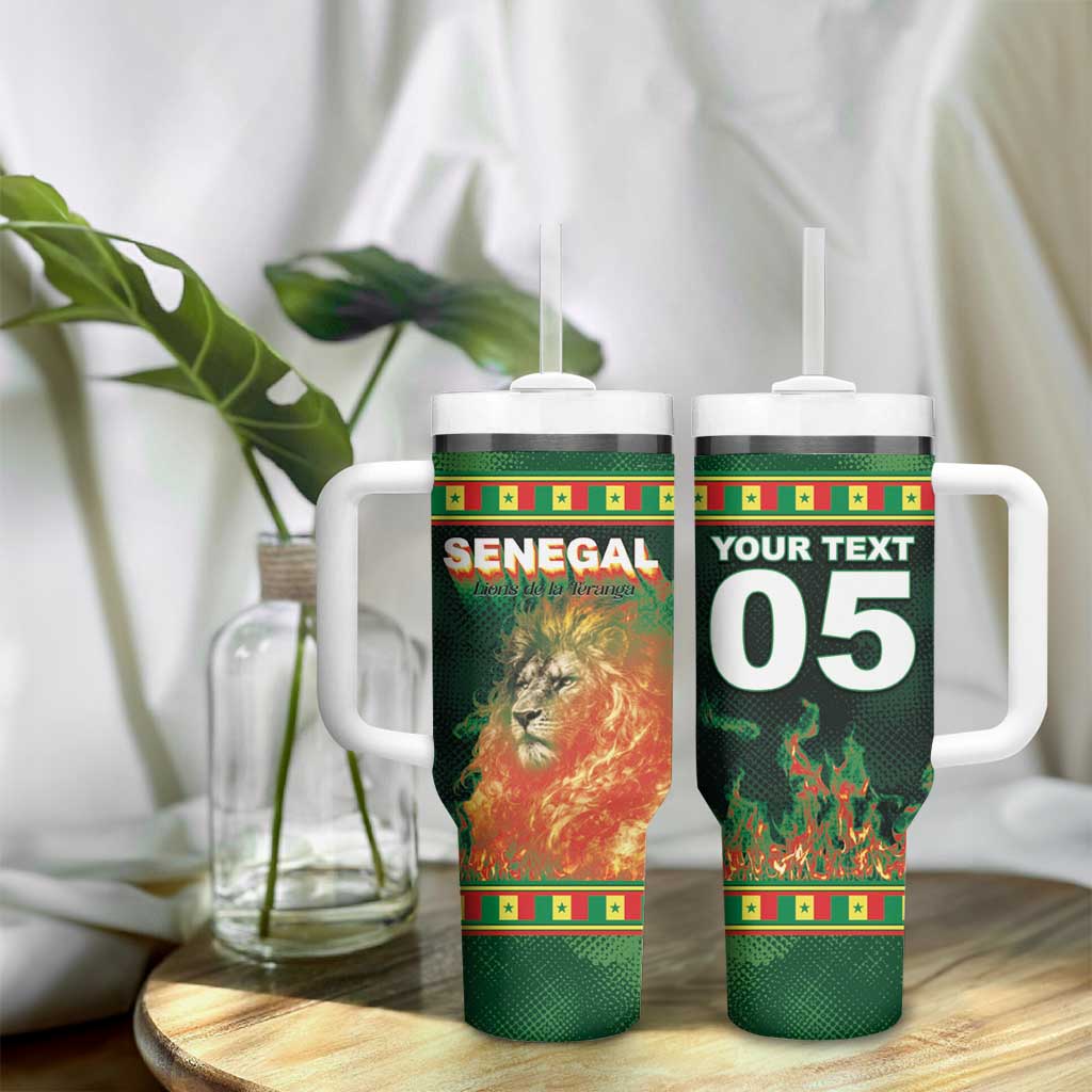 Custom Senegal Football Tumbler With Handle Fiery Lion Halftone Mix Gradient Map Style