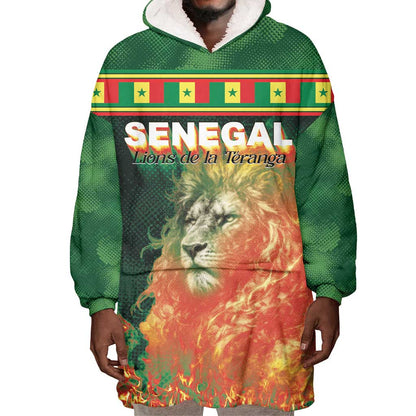 Custom Senegal Football Wearable Blanket Hoodie Fiery Lion Halftone Mix Gradient Map Style
