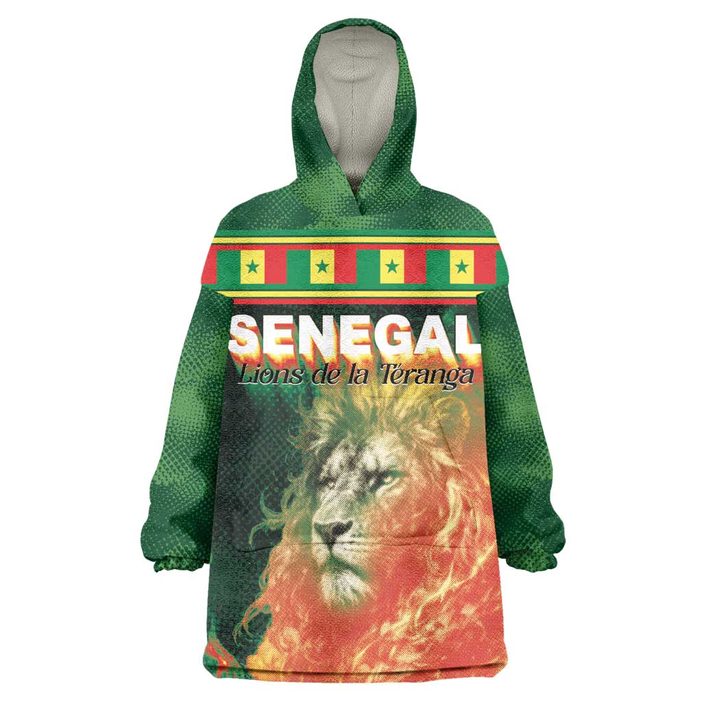 Custom Senegal Football Wearable Blanket Hoodie Fiery Lion Halftone Mix Gradient Map Style