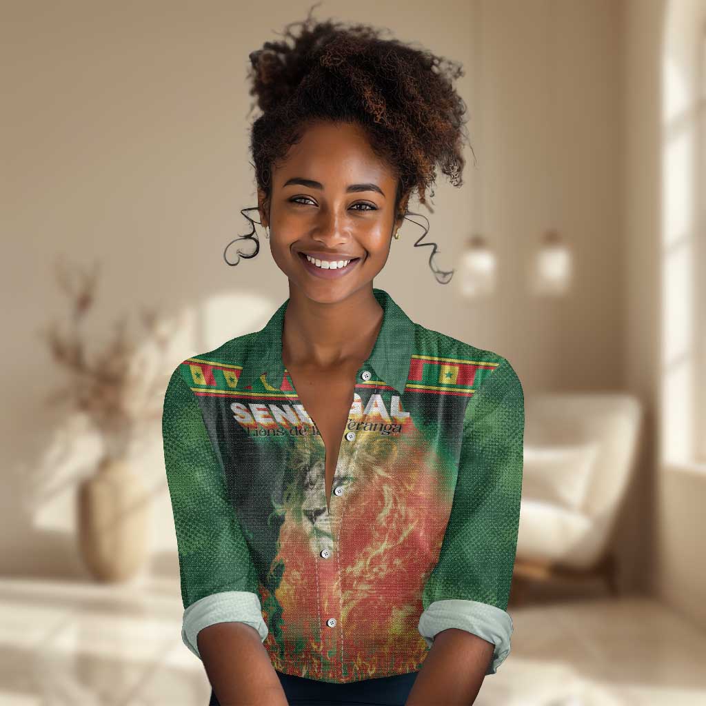 Custom Senegal Football Women Casual Shirt Fiery Lion Halftone Mix Gradient Map Style
