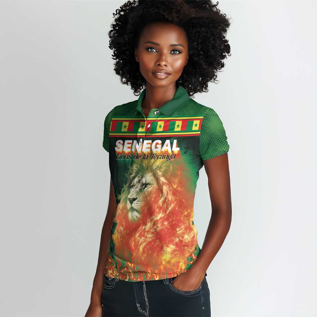 Custom Senegal Football Women Polo Shirt Fiery Lion Halftone Mix Gradient Map Style