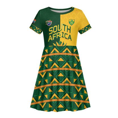 Custom South Africa Football Kid Short Sleeve Dress Diamond Protea Flower Symmetrical Style
