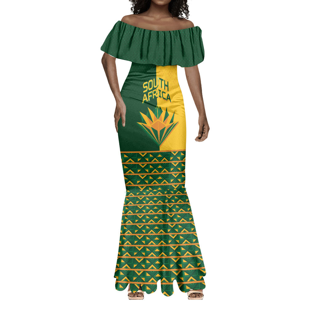 Custom South Africa Football Mermaid Dress Diamond Protea Flower Symmetrical Style