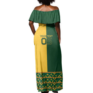 Custom South Africa Football Off Shoulder Maxi Dress Diamond Protea Flower Symmetrical Style
