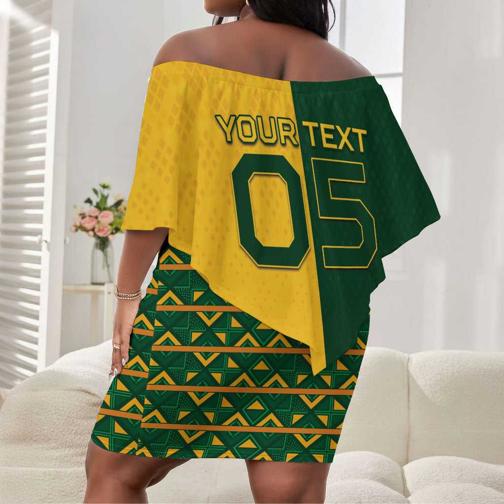 Custom South Africa Football Off Shoulder Short Dress Diamond Protea Flower Symmetrical Style