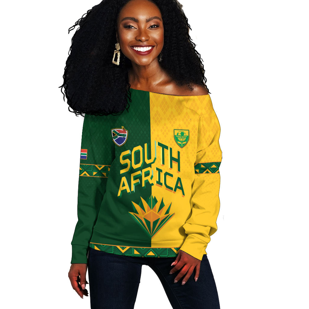Custom South Africa Football Off Shoulder Sweater Diamond Protea Flower Symmetrical Style
