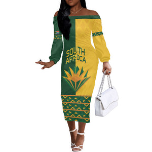 Custom South Africa Football Off The Shoulder Long Sleeve Dress Diamond Protea Flower Symmetrical Style