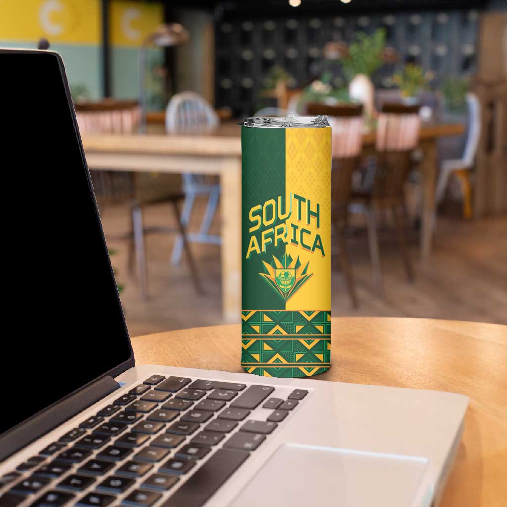 Custom South Africa Football Skinny Tumbler Diamond Protea Flower Symmetrical Style