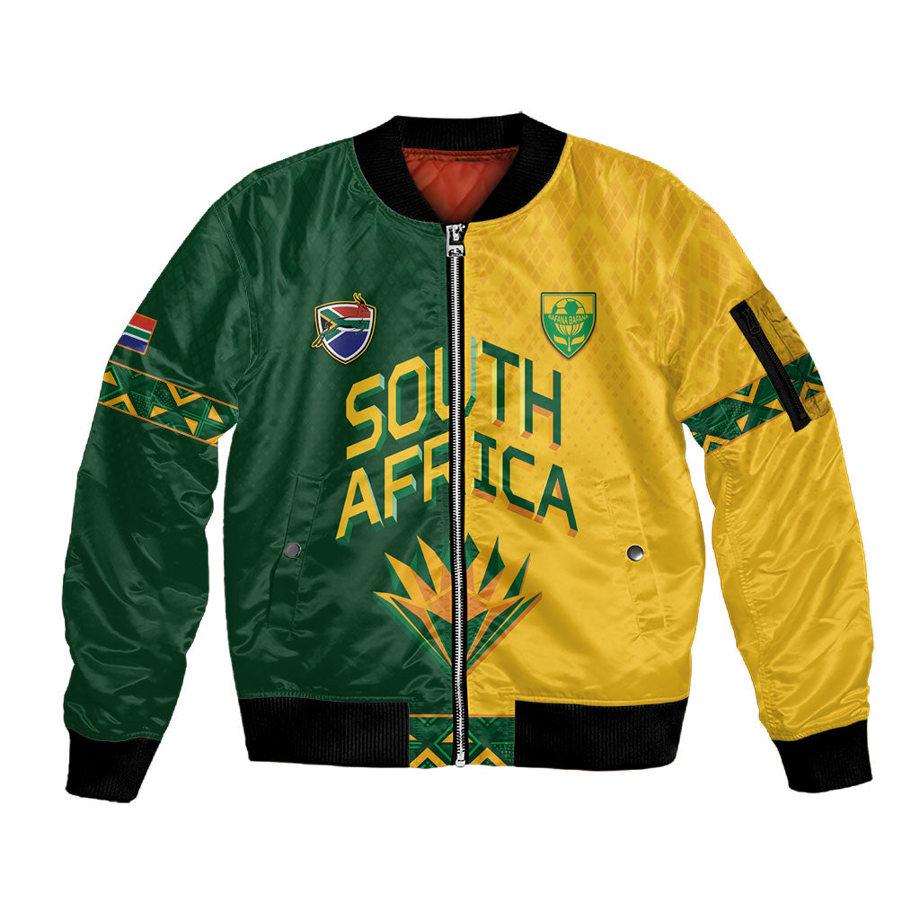 Custom South Africa Football Sleeve Zip Bomber Jacket Diamond Protea Flower Symmetrical Style