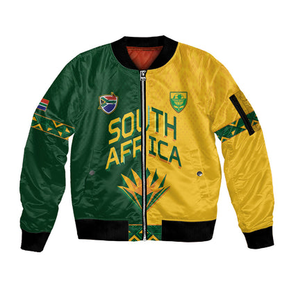 Custom South Africa Football Sleeve Zip Bomber Jacket Diamond Protea Flower Symmetrical Style