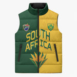 Custom South Africa Football Sleeveless Puffer Jacket Diamond Protea Flower Symmetrical Style
