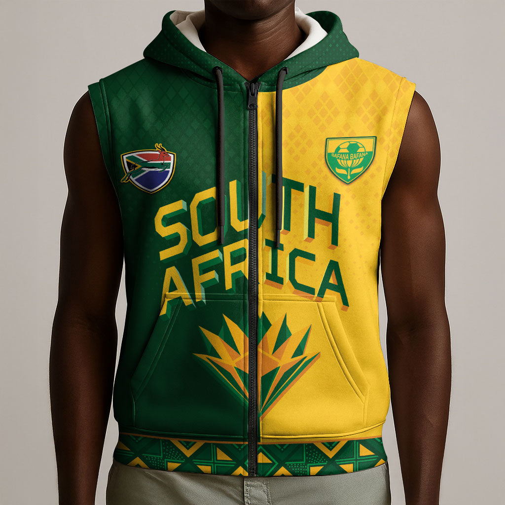 Custom South Africa Football Sleeveless Zip Hoodie Diamond Protea Flower Symmetrical Style