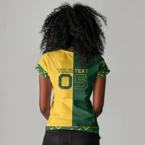 Custom South Africa Football Women V-Neck T-Shirt Diamond Protea Flower Symmetrical Style