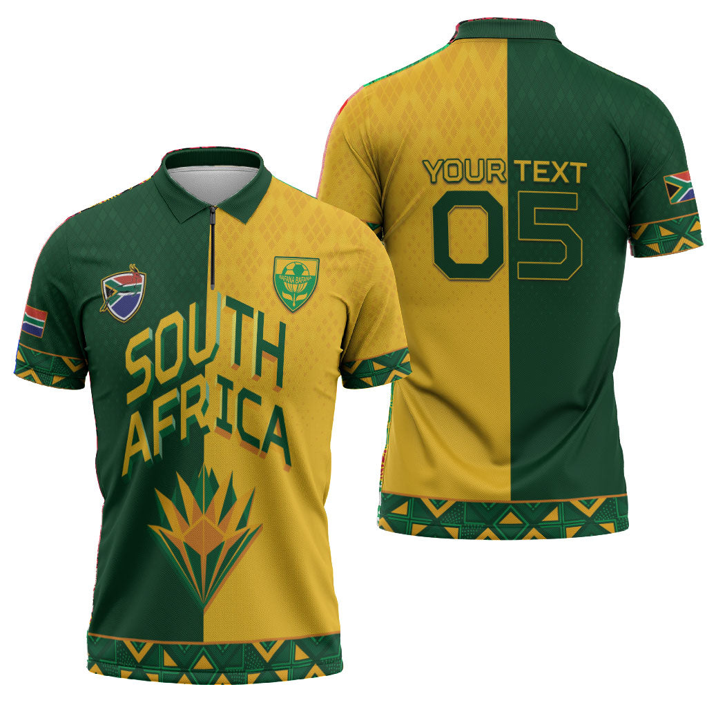 Custom South Africa Football Zipper Polo Shirt Diamond Protea Flower Symmetrical Style