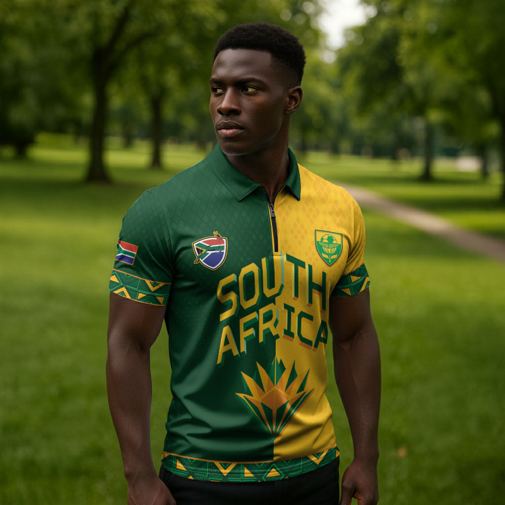 Custom South Africa Football Zipper Polo Shirt Diamond Protea Flower Symmetrical Style