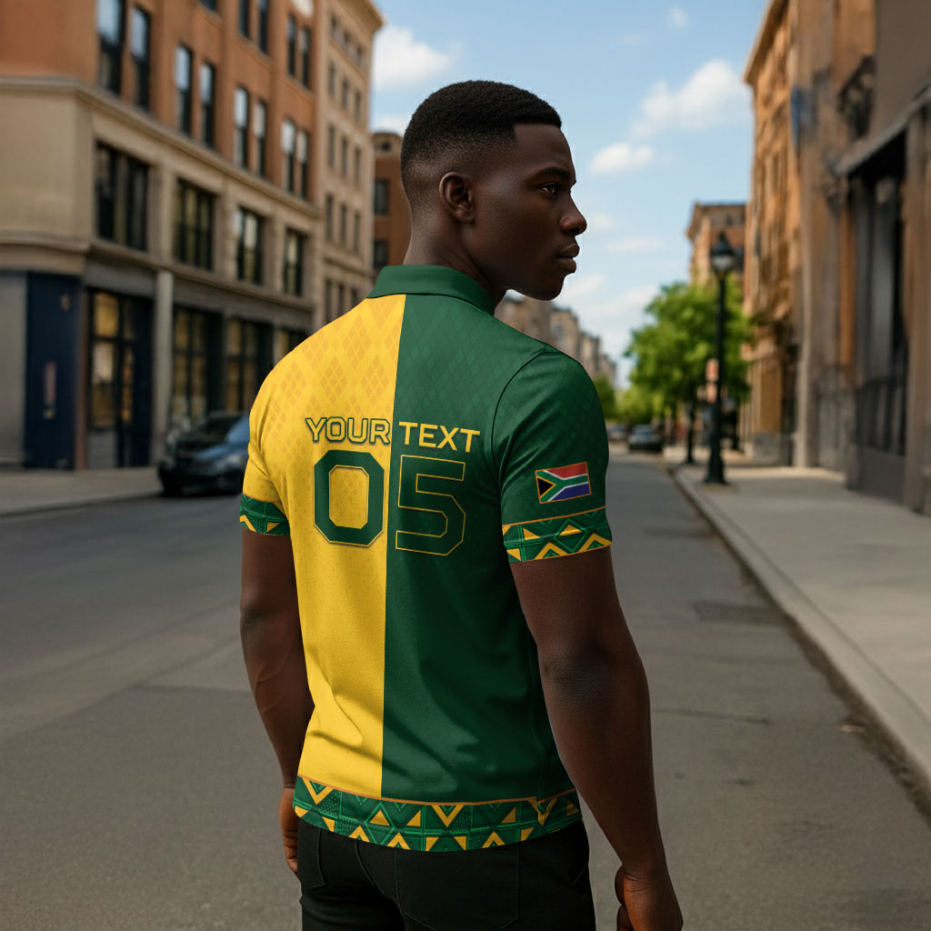 Custom South Africa Football Zipper Polo Shirt Diamond Protea Flower Symmetrical Style